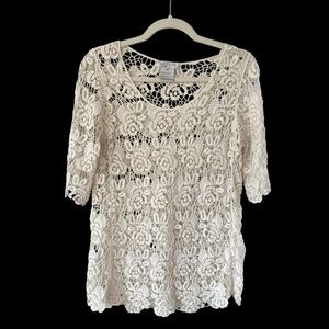 Solitaire Elegant Vintage Cream Crochet Lace Short Sleeve Scoop Neck Top…